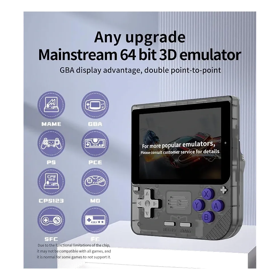 POWKIDDY V10 exibindo ícones dos emuladores suportados, de NES a PlayStation 1
