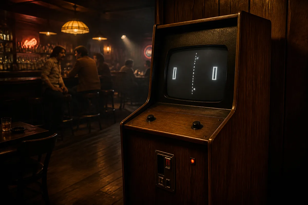 Cabinet de arcade Pong original da Atari dos anos 1970 em ambiente vintage