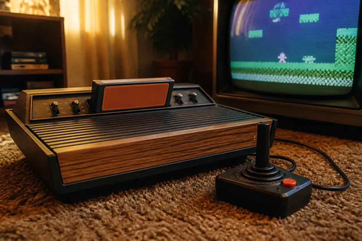 Console Atari 2600 vintage com cartucho e controle joystick em ambiente retrô