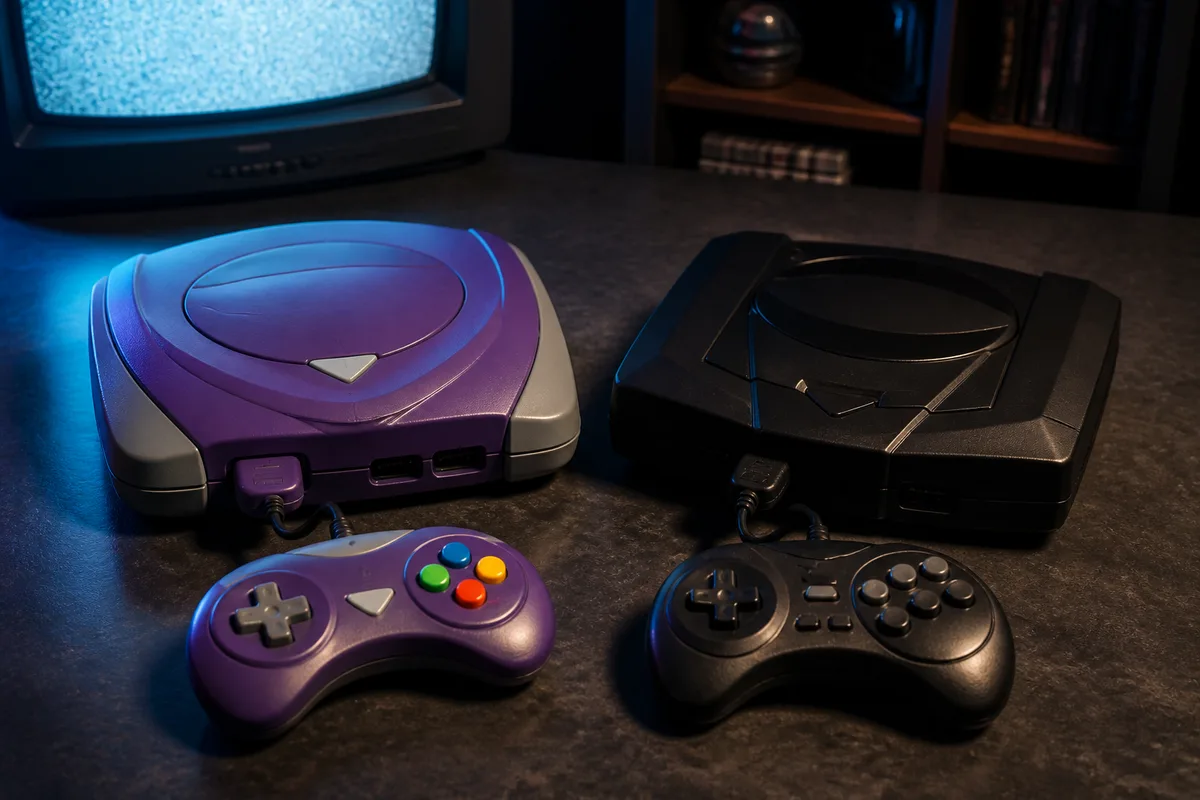Console Super Nintendo e Mega Drive lado a lado representando a guerra dos consoles dos anos 1990