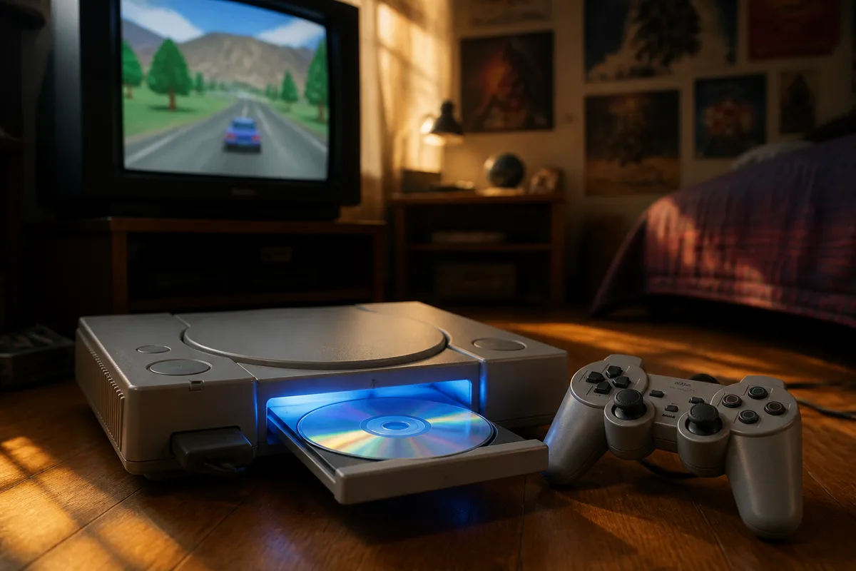 Console Sony PlayStation 1 original com controle DualShock e CD de jogo em mesa vintage