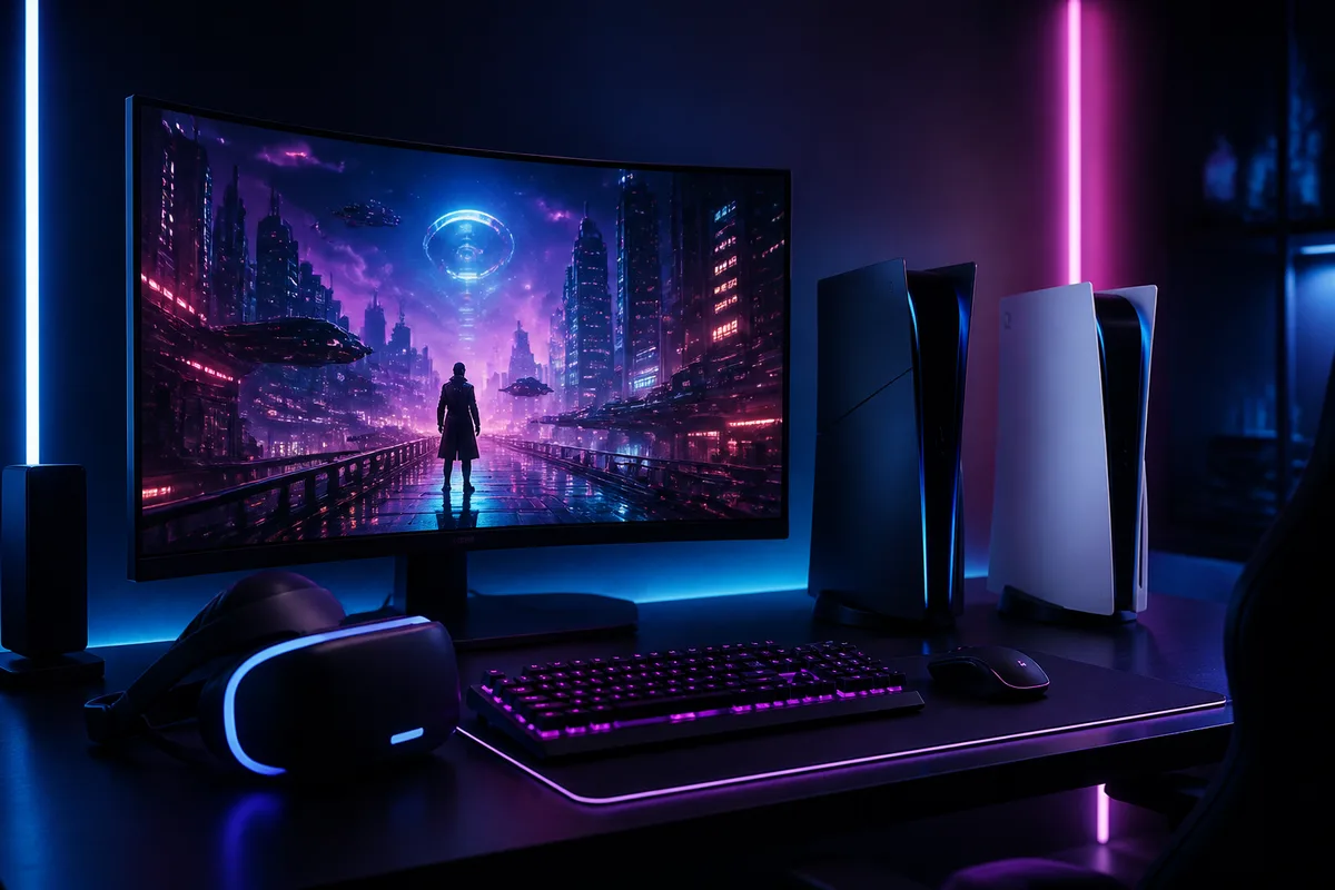 Setup gamer moderno com PlayStation 5 Xbox Series X e monitor 4K HDR ligado
