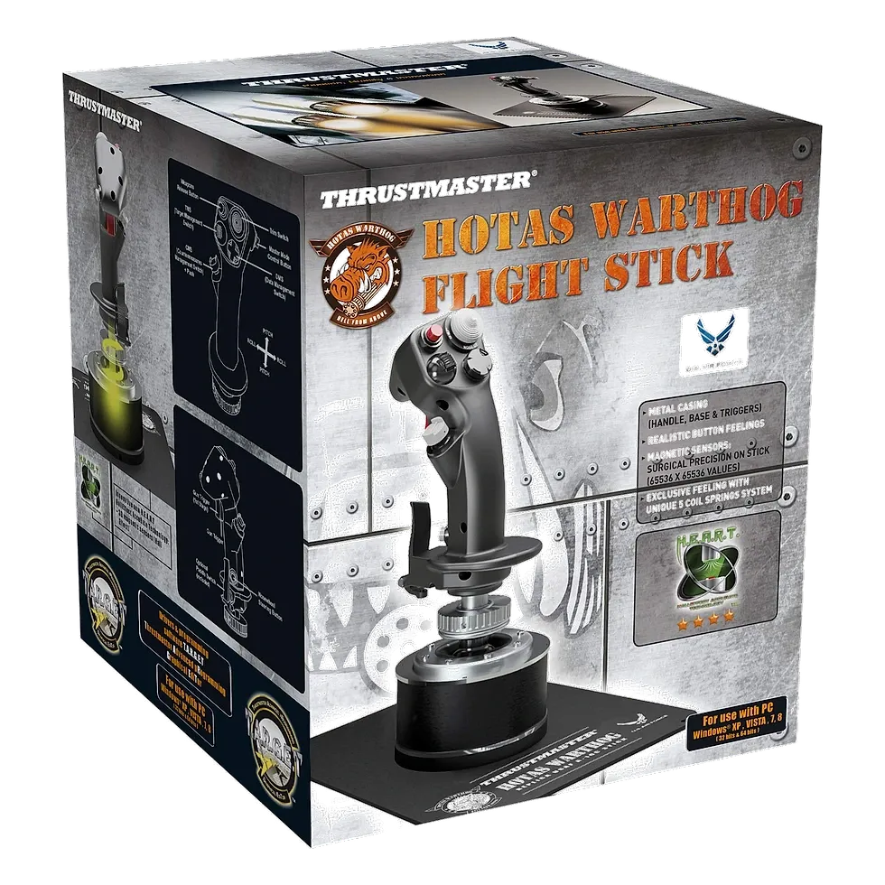 Caixa do Thrustmaster HOTAS Warthog exibindo o manche em metal e as especificações do produto