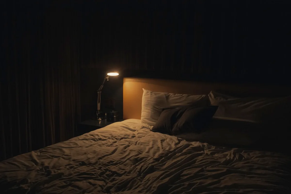 Criado-mudo com luminária em luz branca quente acesa ao lado da cama à noite