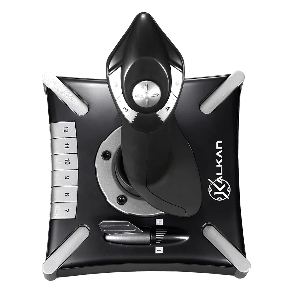 Kit Kalkan Mobius com manche e acelerador preto sobre fundo neutro