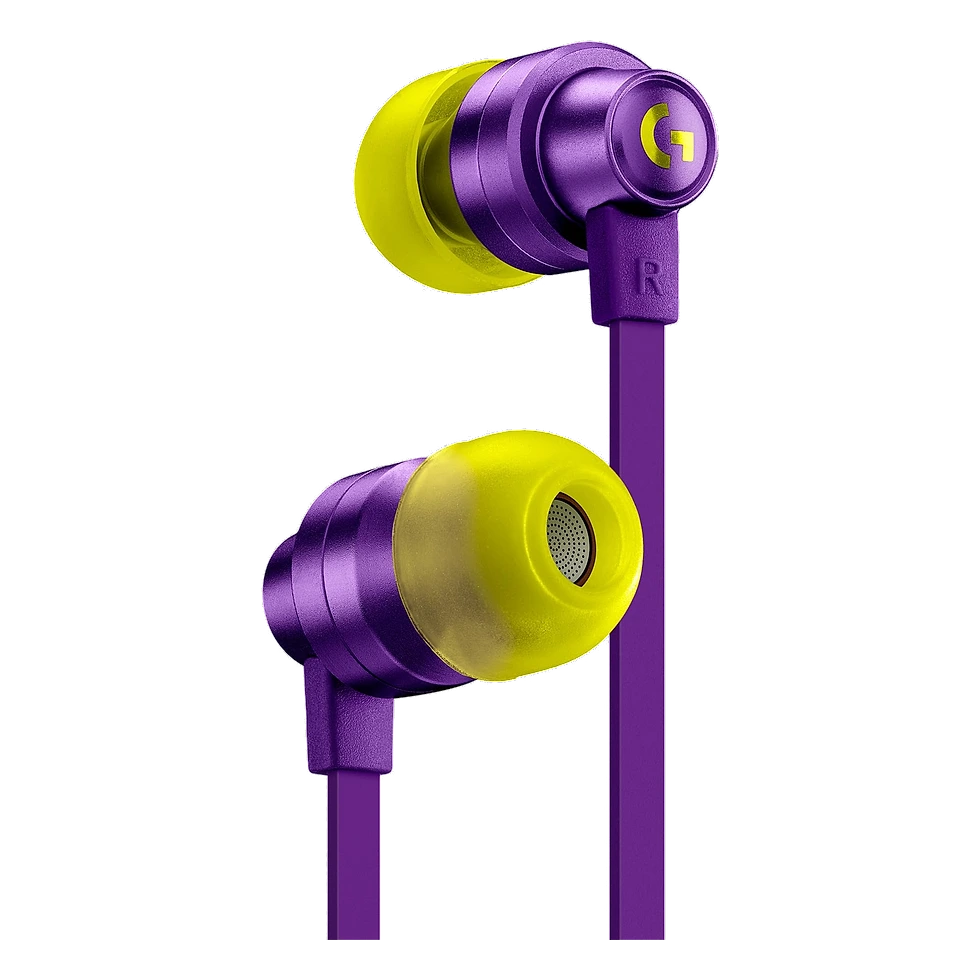 Logitech G333 roxo com cabo achatado, controle integrado e ponteiras de silicone