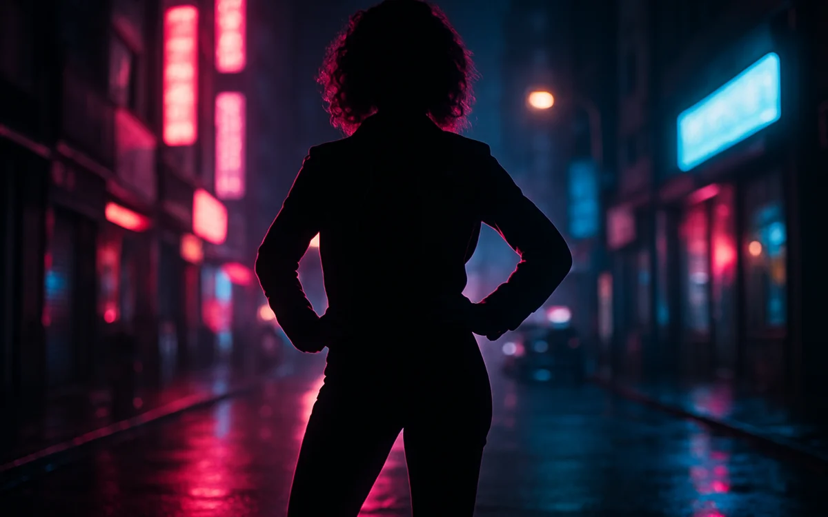 Duas silhuetas lado a lado em rua urbana iluminada por neon à noite