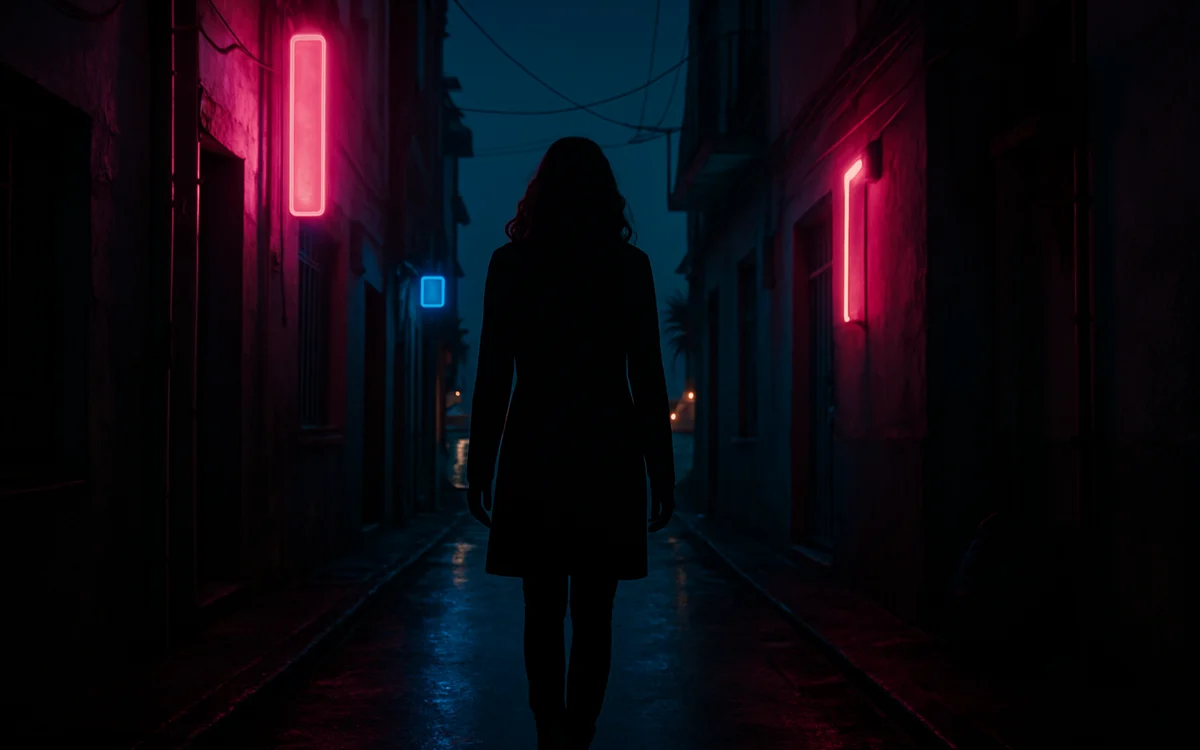 Skyline urbano iluminado por neon rosa e azul entre silhuetas de palmeiras à noite