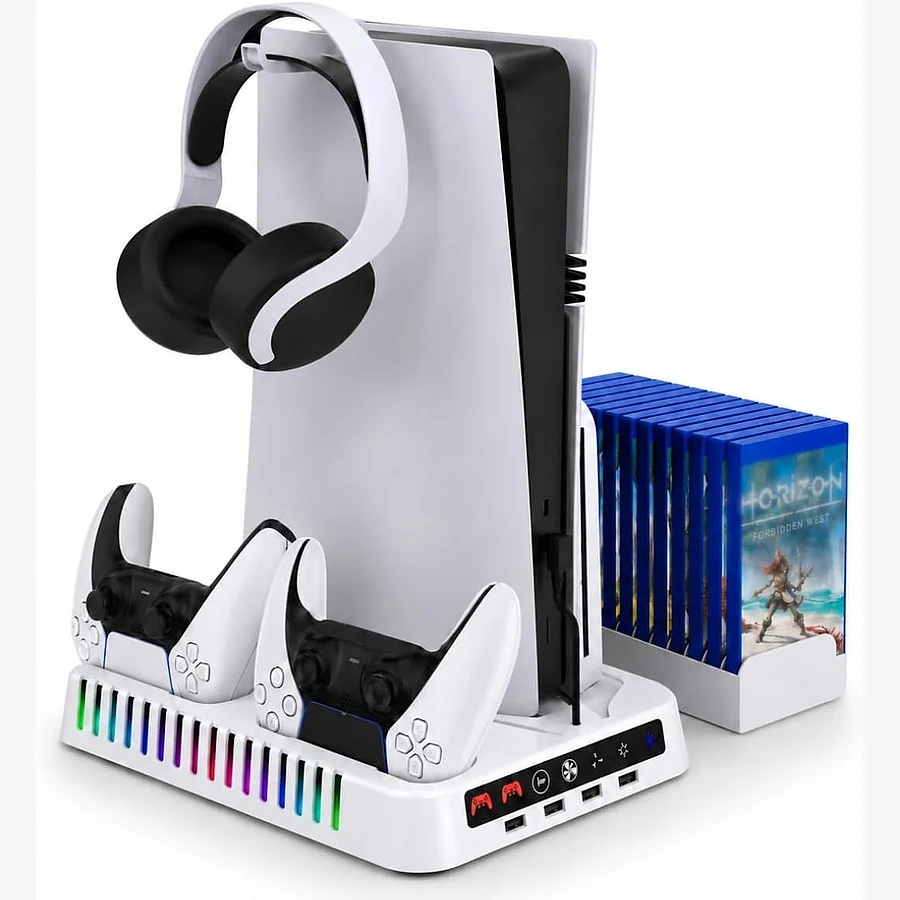 Base cooler RGB para PS5 com carregador duplo de controles DualSense integrado