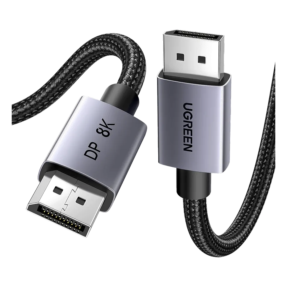 Cabo DisplayPort UGREEN com conectores metálicos cinza gravados DP 8K e cabo trançado preto