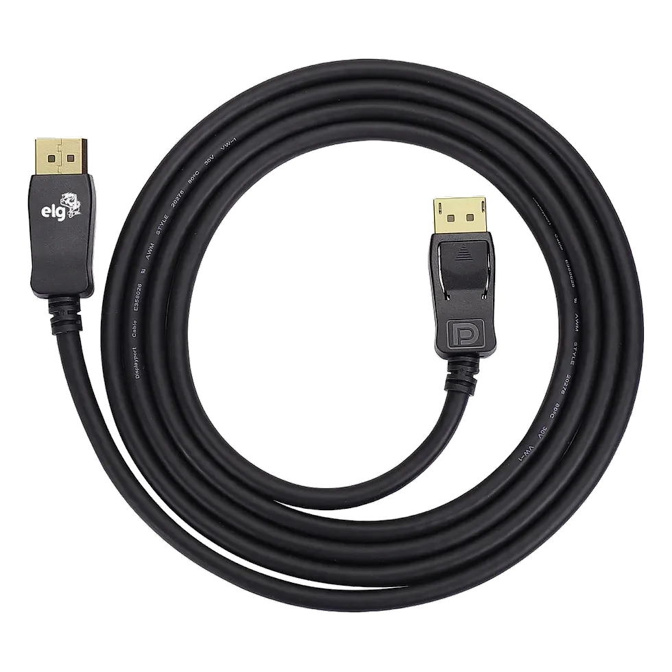 Cabo DisplayPort ELG preto enrolado com conectores dourados nas duas pontas