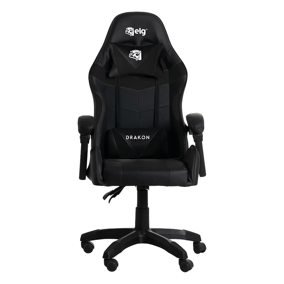 ELG Drakon CH31BK cadeira gamer preta com apoio dorsal e cervical e braço articulado