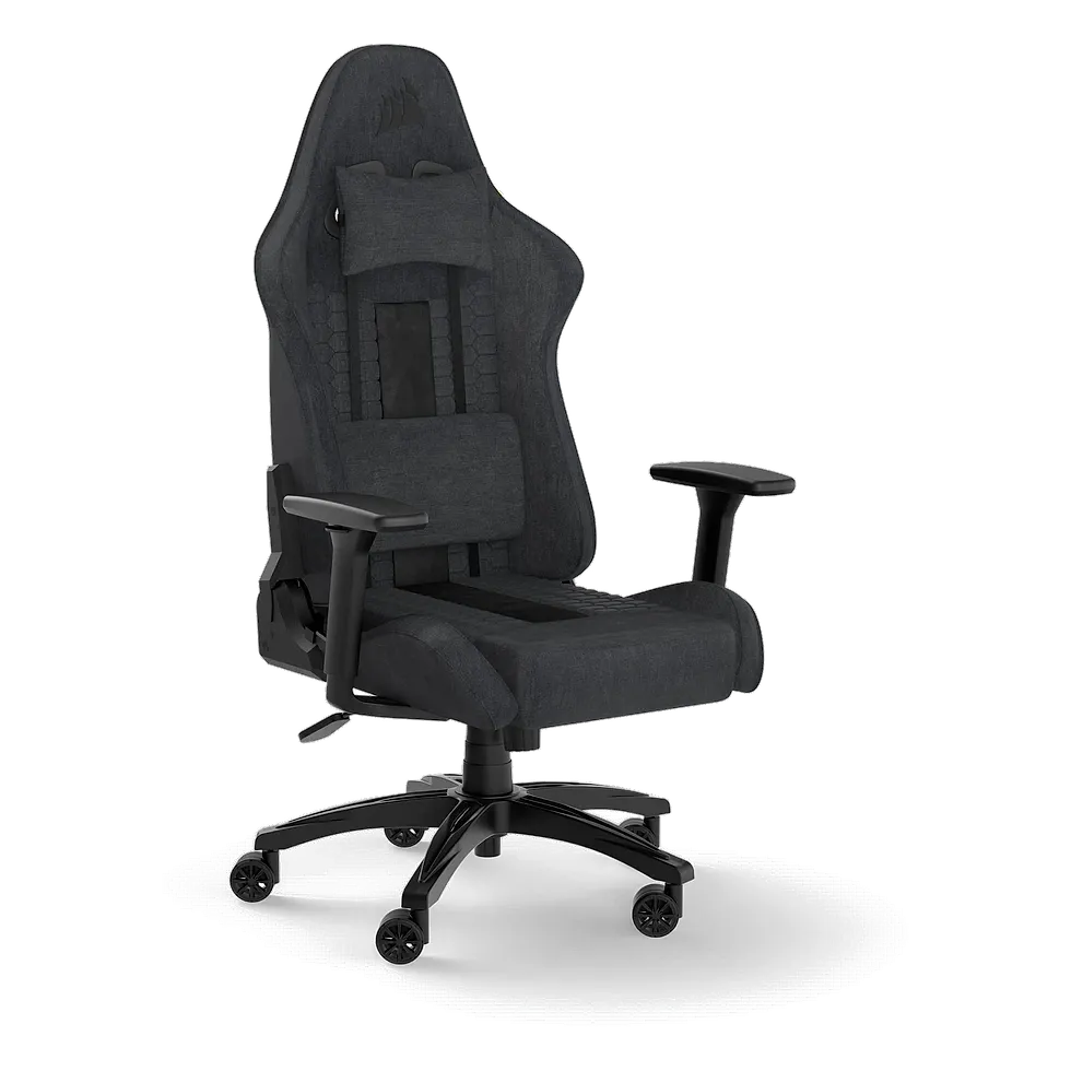 Corsair TC100 Relaxed Fabric cadeira gamer preta e cinza em tecido respirável com assento largo e almofadas