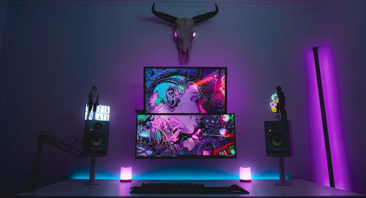 Melhor cadeira gamer premium 2026 Setup gamer premium com cadeira ergonômica de tecido e iluminação LED em escritório moderno