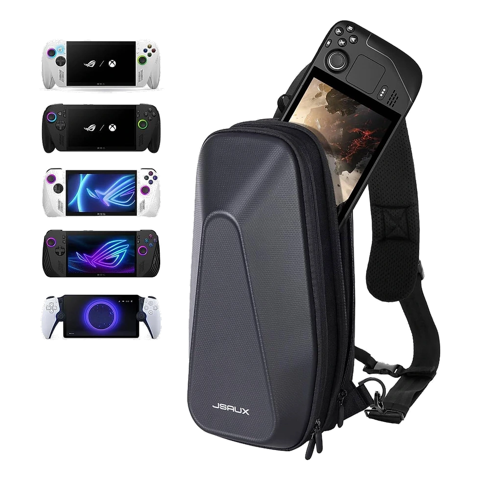 Bolsa tiracolo cinza-escuro da JSAUX aberta com um PC portátil gamer encaixado no compartimento frontal