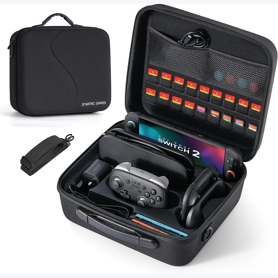 STARTRC case all-in-one para Switch 2 mostrando espaço para dock, cabo HDMI e compartimentos variados