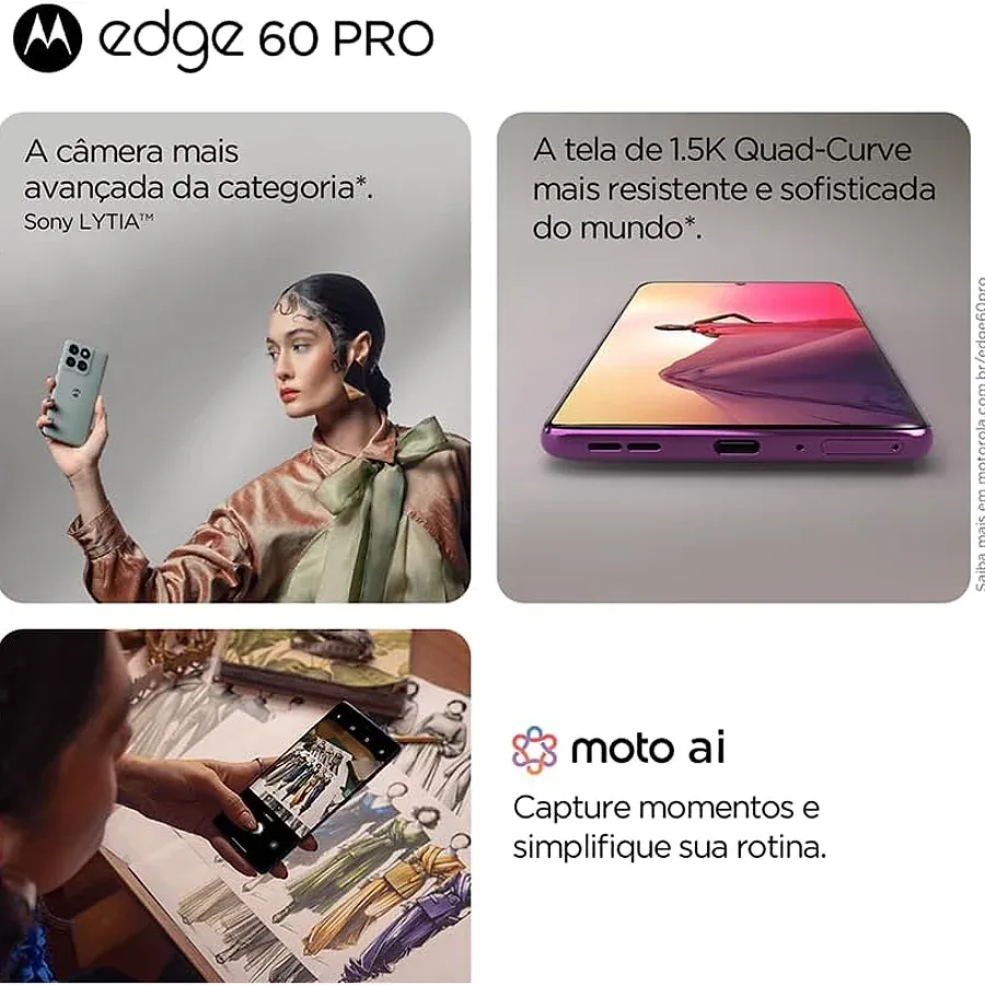 Motorola Edge 60 Pro 5G em azul com tela pOLED curva e câmera Pantone validada