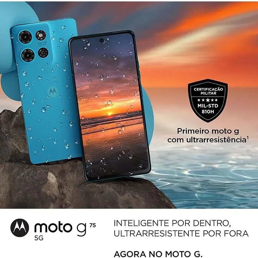 Motorola Moto G75 5G em azul com traseira de couro vegano e câmera dupla