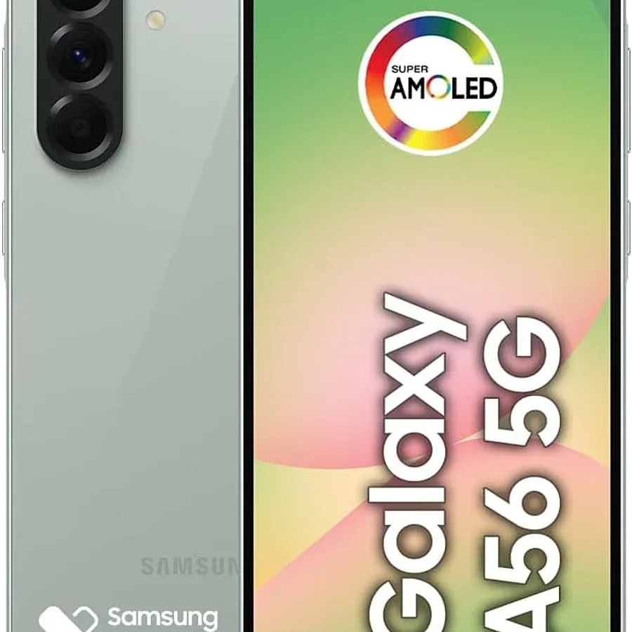 Samsung Galaxy A56 5G em fundo neutro mostrando design slim com câmeras traseiras