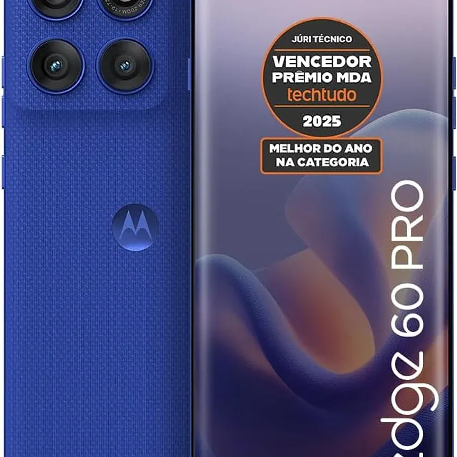 Motorola Edge 60 Pro 5G de frente e verso mostrando tela pOLED curvada e câmera traseira