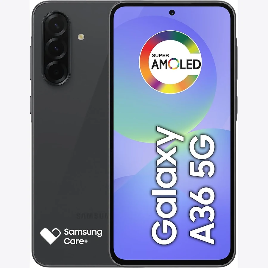 Samsung Galaxy A36 5G violeta frente mostrando tela Super AMOLED 120Hz 8GB RAM