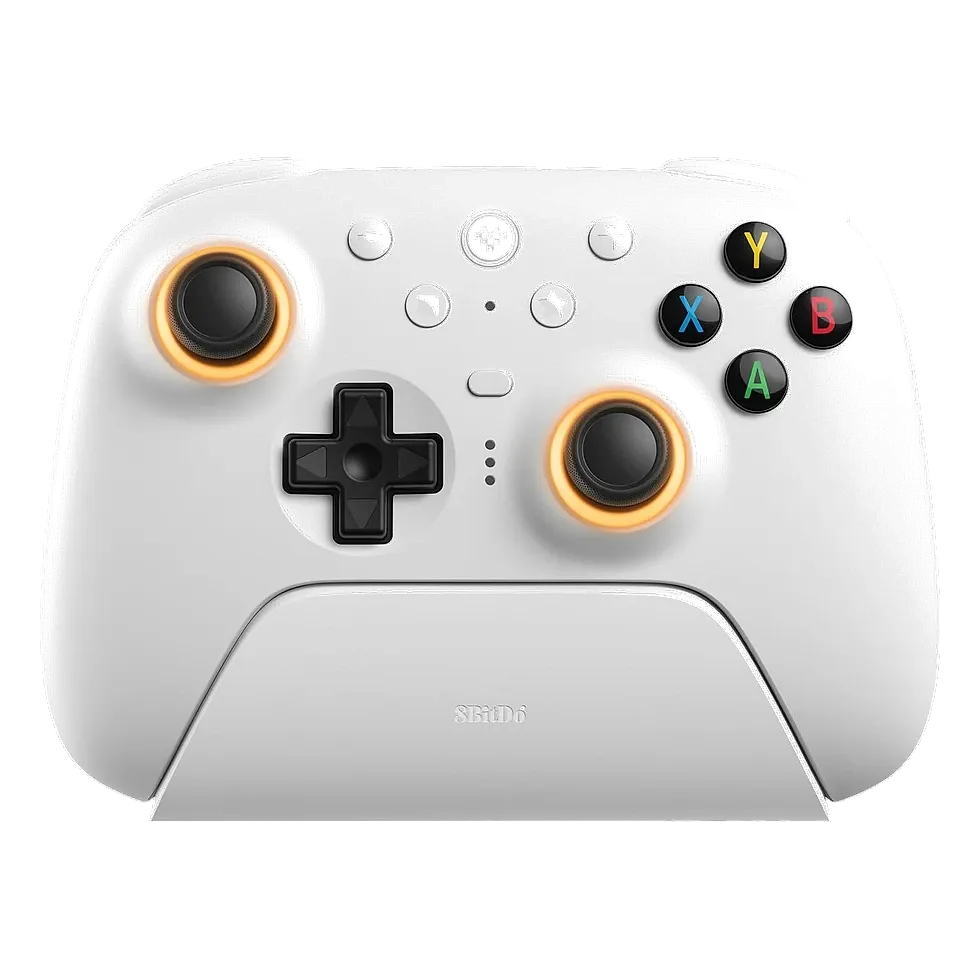 8BitDo Ultimate 2 branco com dock de carga e dongle 2.4GHz — sensores TMR e polling rate 1000Hz