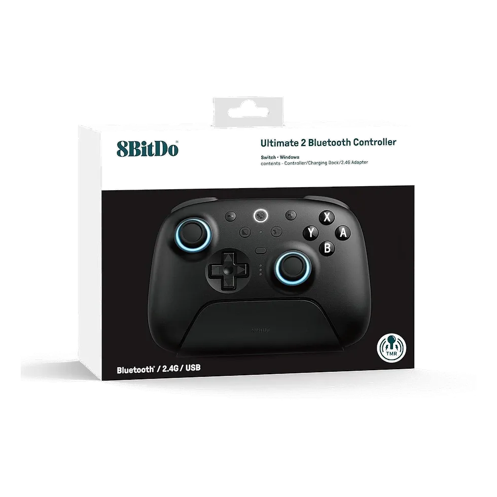 8BitDo Pro 2 preto com D-PAD de alta precisão e botões traseiros para fighting games