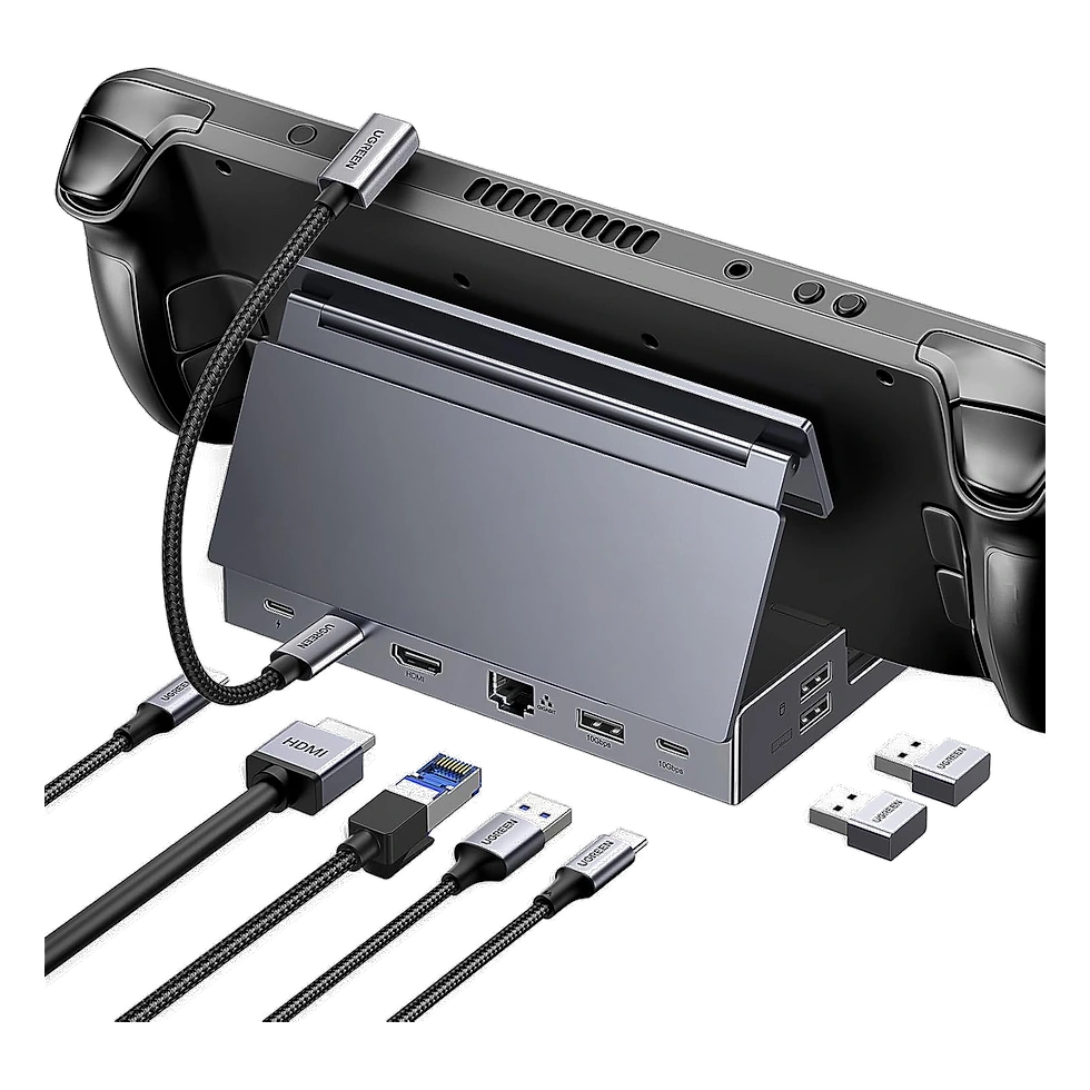 Dock cinza da UGREEN encaixado na traseira de um PC portátil gamer, com cabos HDMI, rede e USB conectados