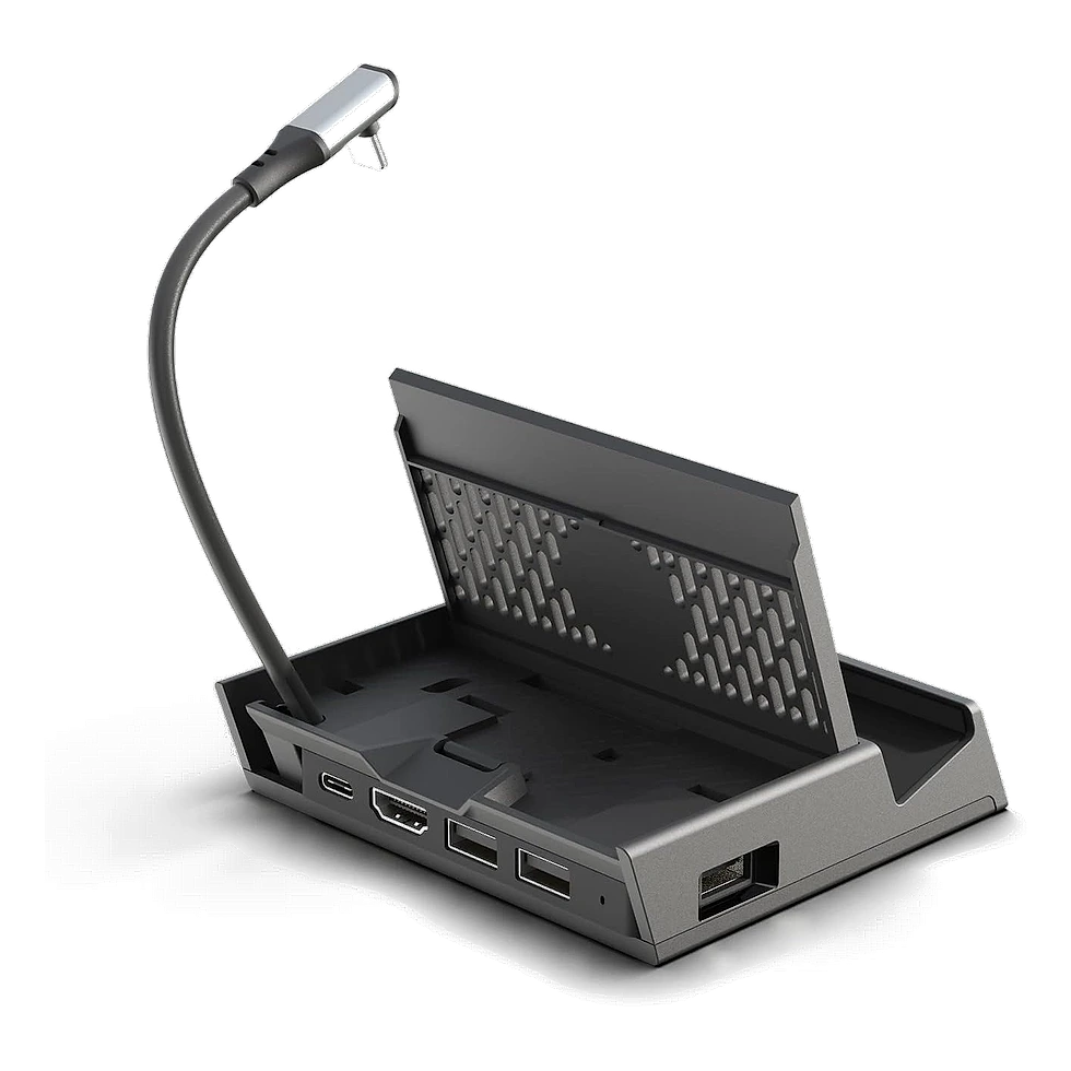 Dock preto e compacto da Skull & Co. com hub USB destacável e braço flexível de luminária