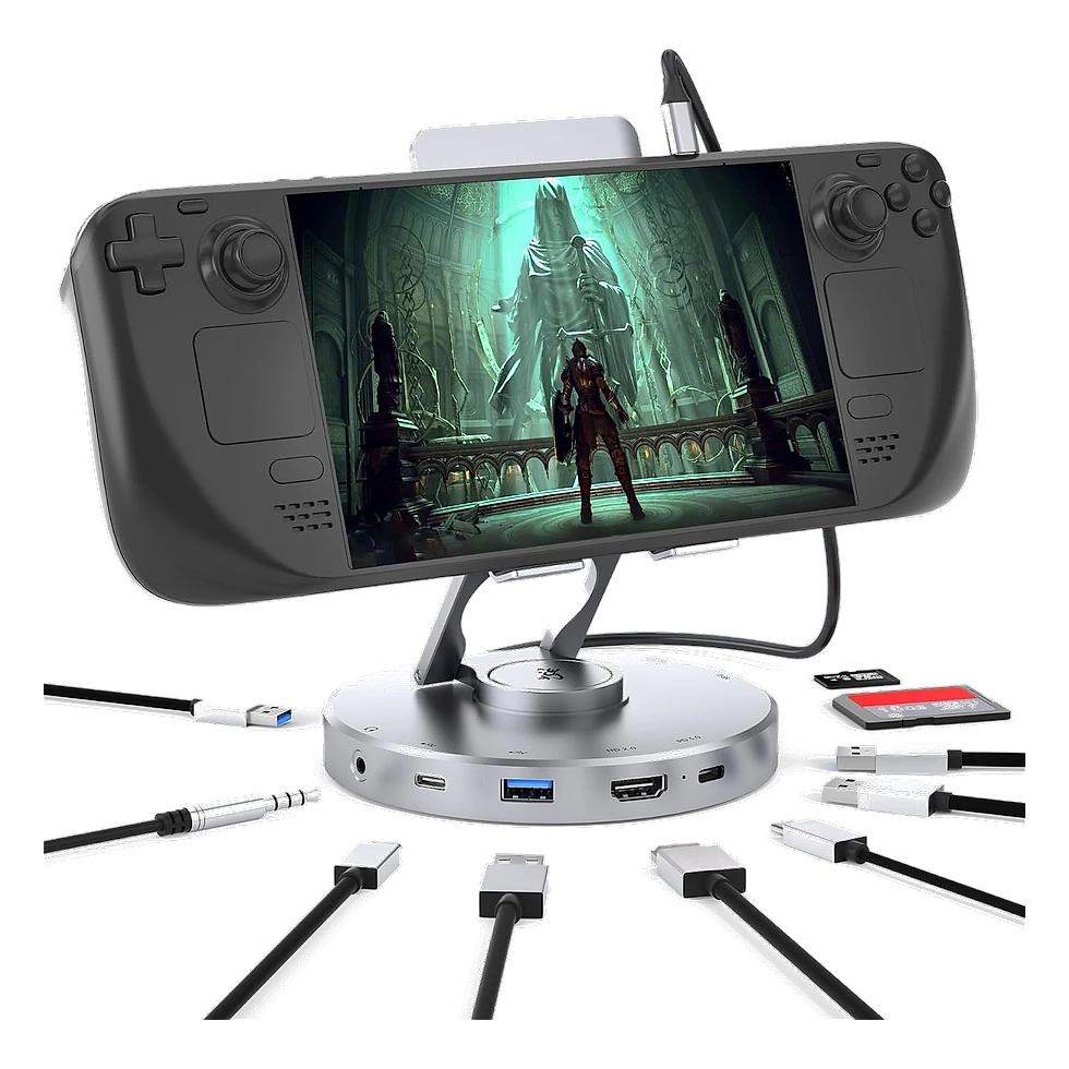 PC portátil gamer preto apoiado em suporte com display circular mostrando as portas HDMI, USB e Ethernet