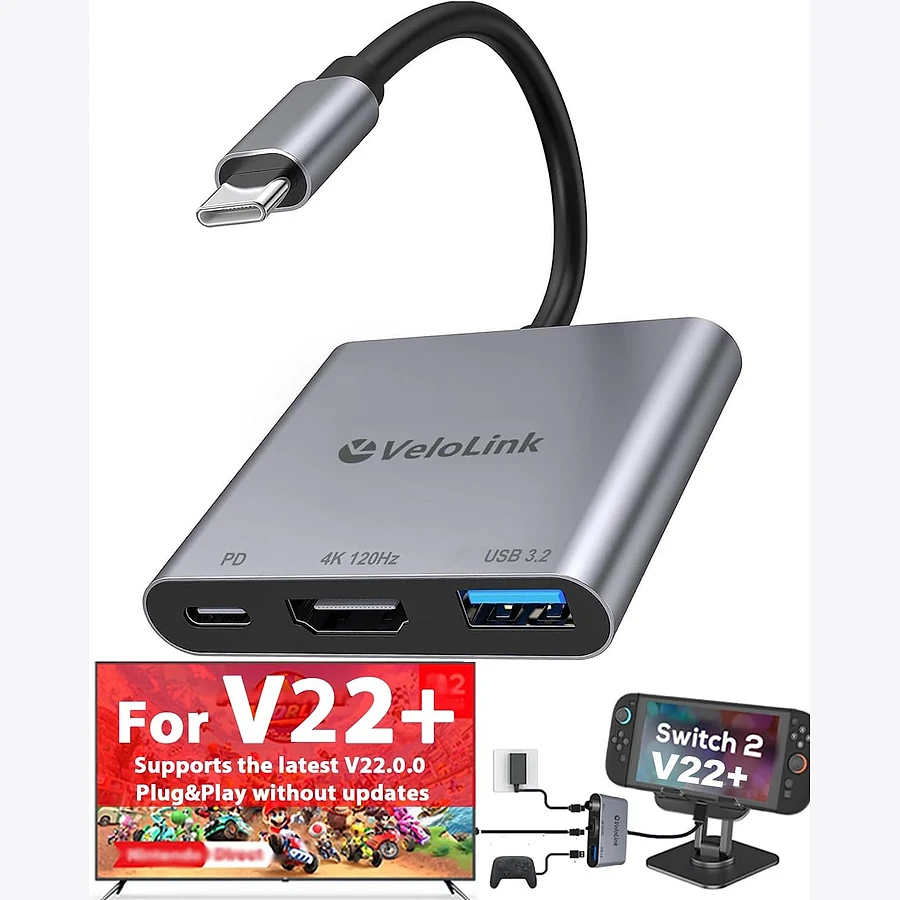 V21 dock com HDMI 2.1 para Nintendo Switch 2 com portas USB-A e USB-C lateral