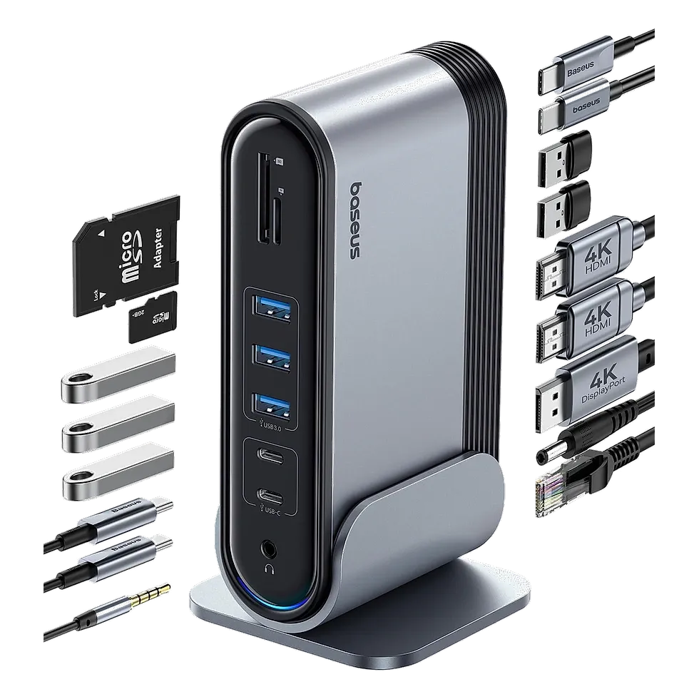 Baseus docking station com múltiplas portas HDMI, DisplayPort e USB alinhadas