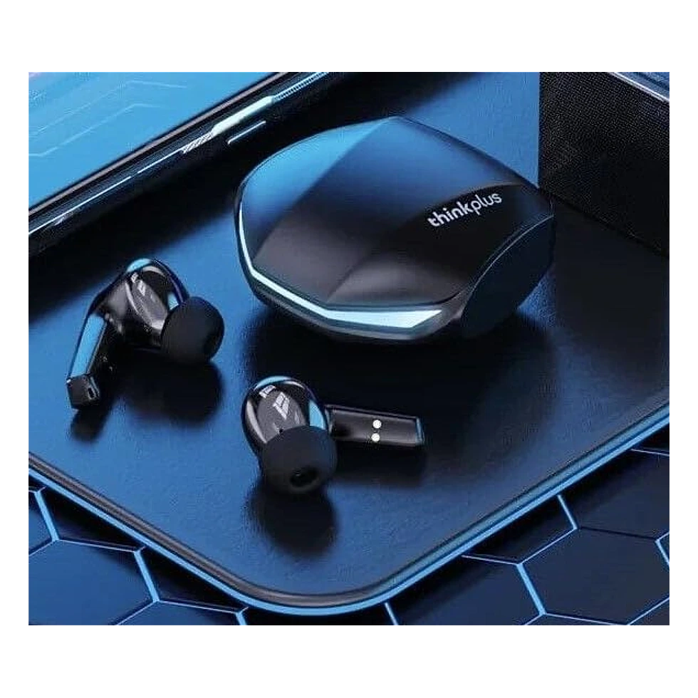 Lenovo GM2 Pro preto com earbuds, estojo de recarga e detalhes luminosos na frente