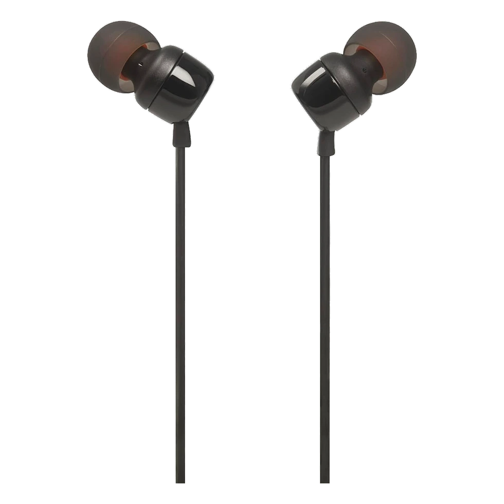 JBL Tune 110 preto com cabo plano, controle de um botão e microfone integrado