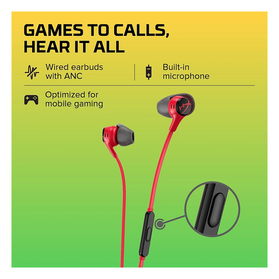 HyperX Cloud Earbuds II vermelho com microfone no cabo, ponteiras e estojo rígido