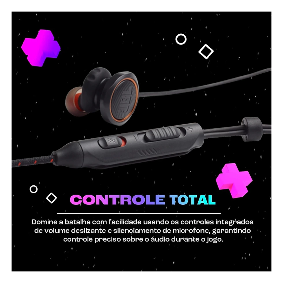 JBL Quantum 50 preto com controle de volume, microfone e conexão P3 em cabo