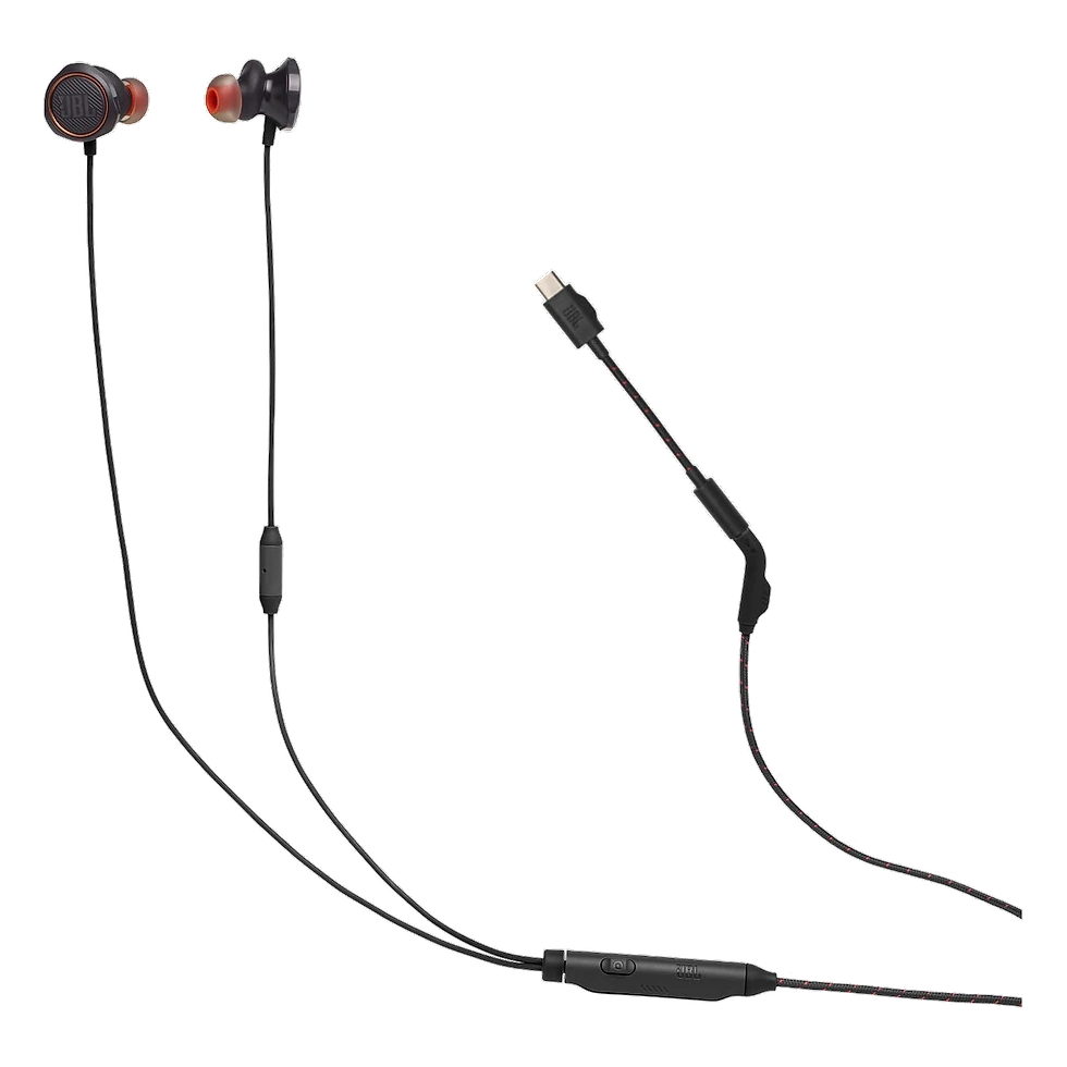 JBL Quantum 50C preto com microfone integrado, controles e adaptador USB-C