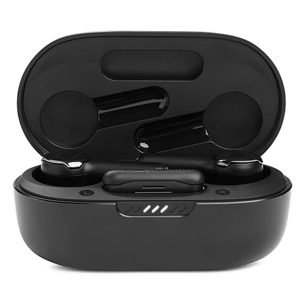 JBL Quantum TWS preto com estojo de carga e dongle USB-C para conexão de jogos