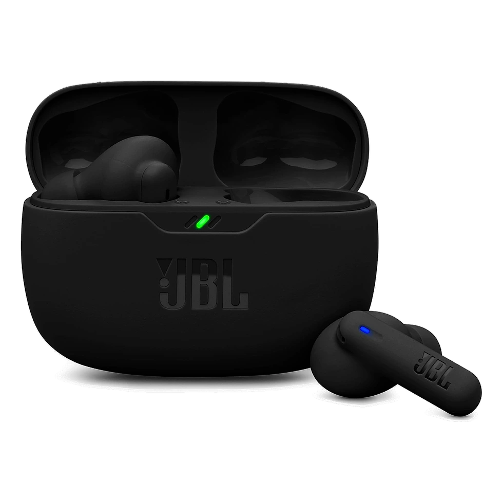 JBL Wave Beam 2 preto com fones de haste curta e estojo de carregamento