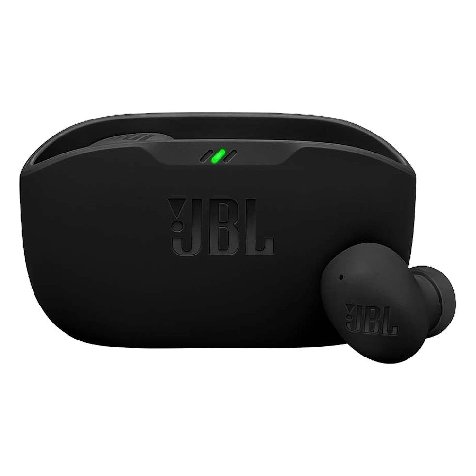 JBL Wave Buds 2 preto com formato intra-auricular compacto e estojo de carga