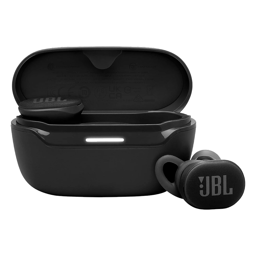 JBL Endurance Race TWS preto com encaixe esportivo e estojo de carregamento
