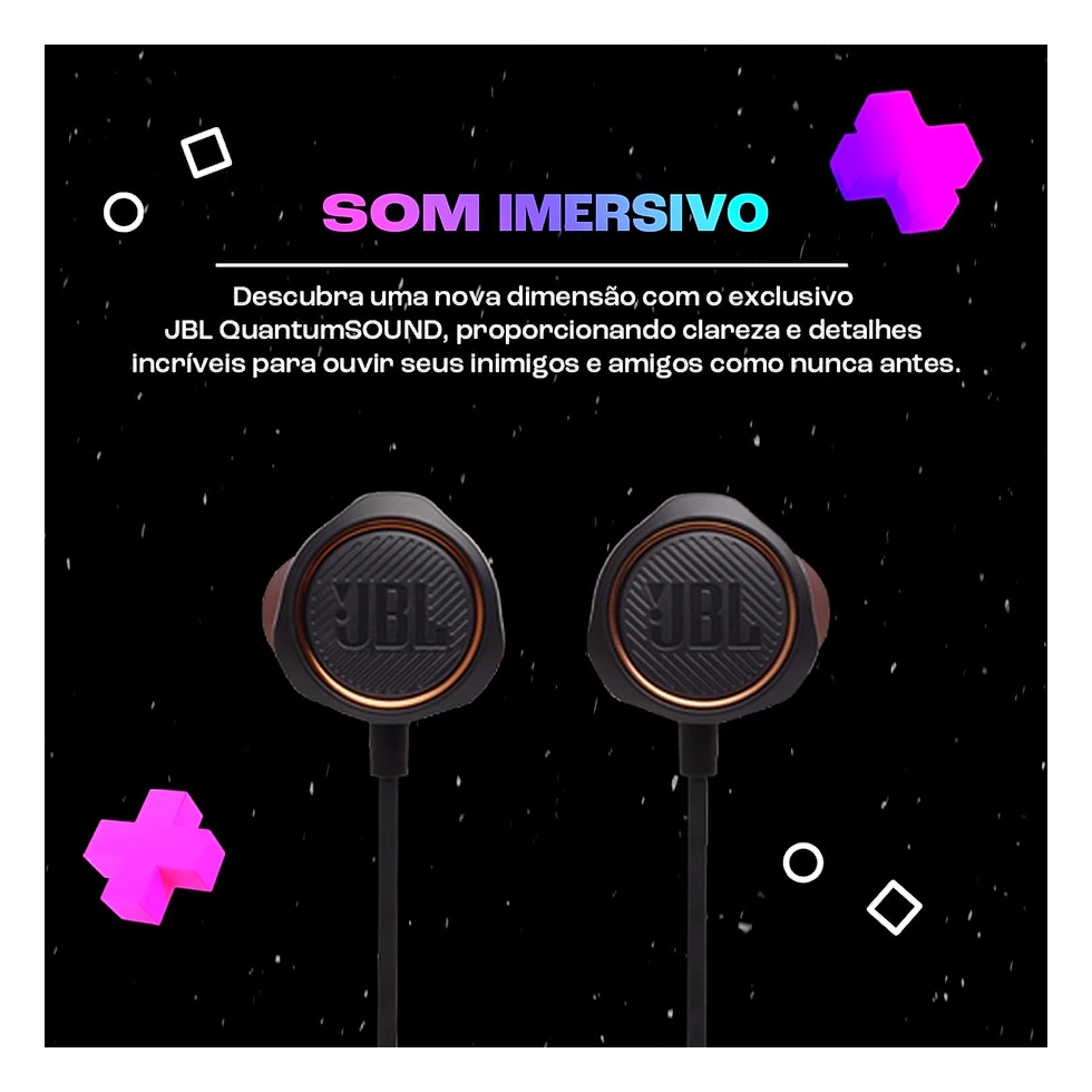 JBL Quantum 50 preto com conexão P3, microfone e controles físicos no cabo
