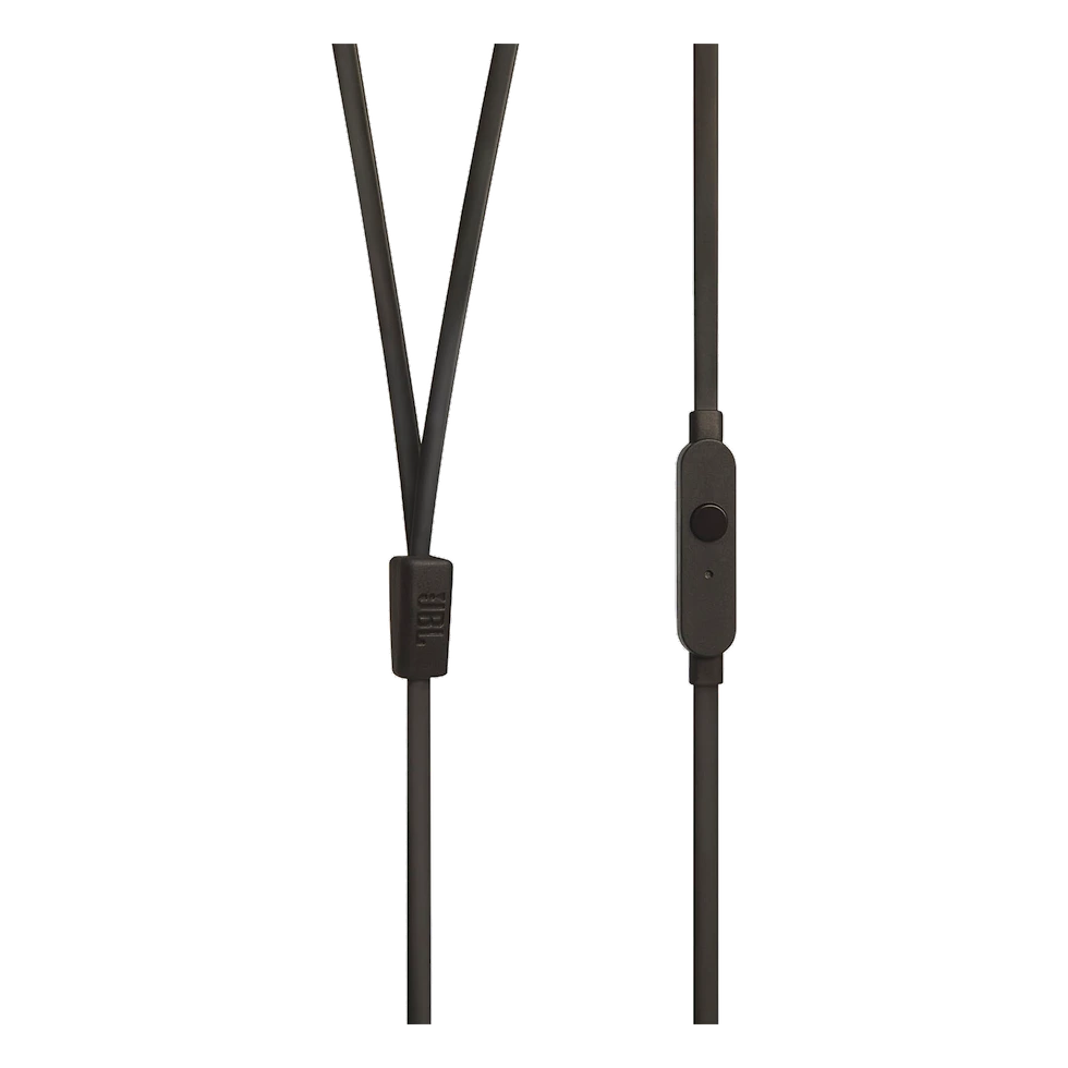 JBL Tune 110 preto com cabo plano, microfone e conector analógico de 3,5 mm