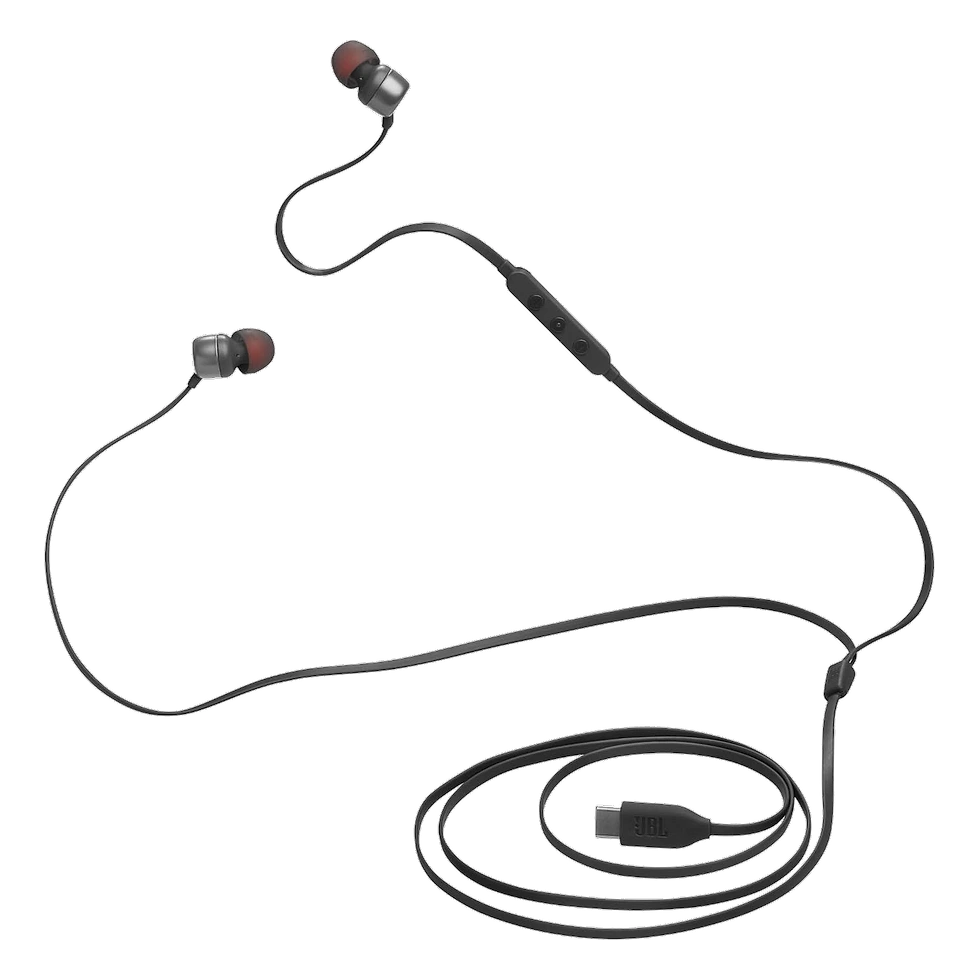 JBL Tune 310 C preto com cabo plano, conexão USB-C e controle de três botões