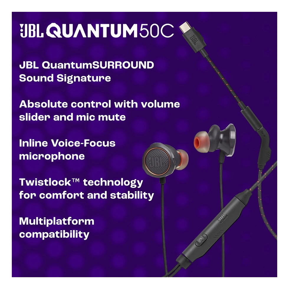 JBL Quantum 50C preto com cabo USB-C, controle integrado e ponteiras de silicone