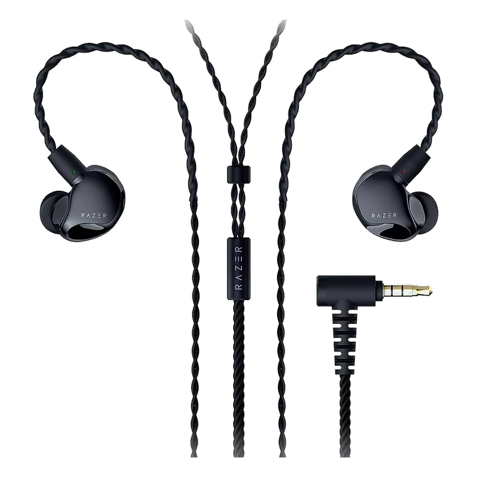 Razer Moray preto com corpo discreto, cabo MMCX e conjunto de ponteiras