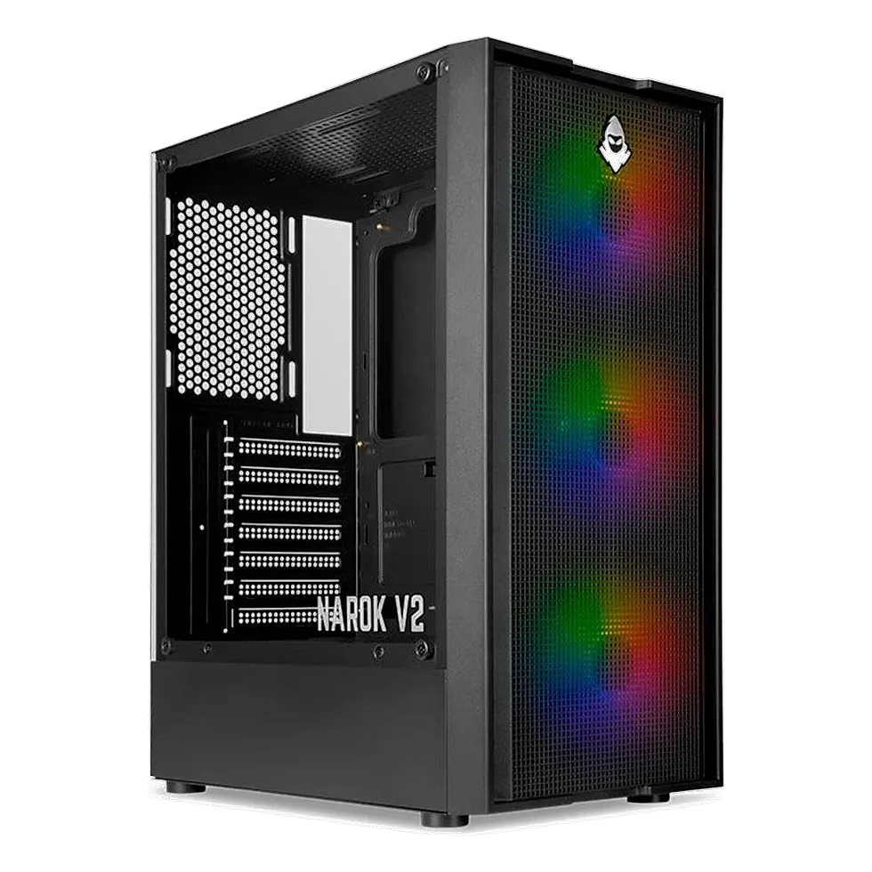 Mancer Narok V2 Rainbow, gabinete com painel frontal em mesh e iluminação ARGB colorida