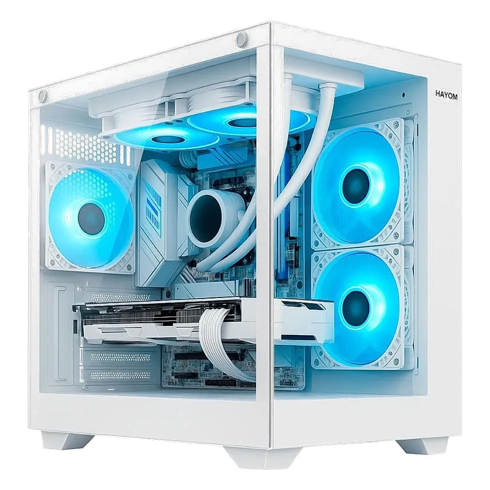Hayom GB1791, gabinete branco compacto com quatro ventoinhas RGB e lateral de vidro temperado