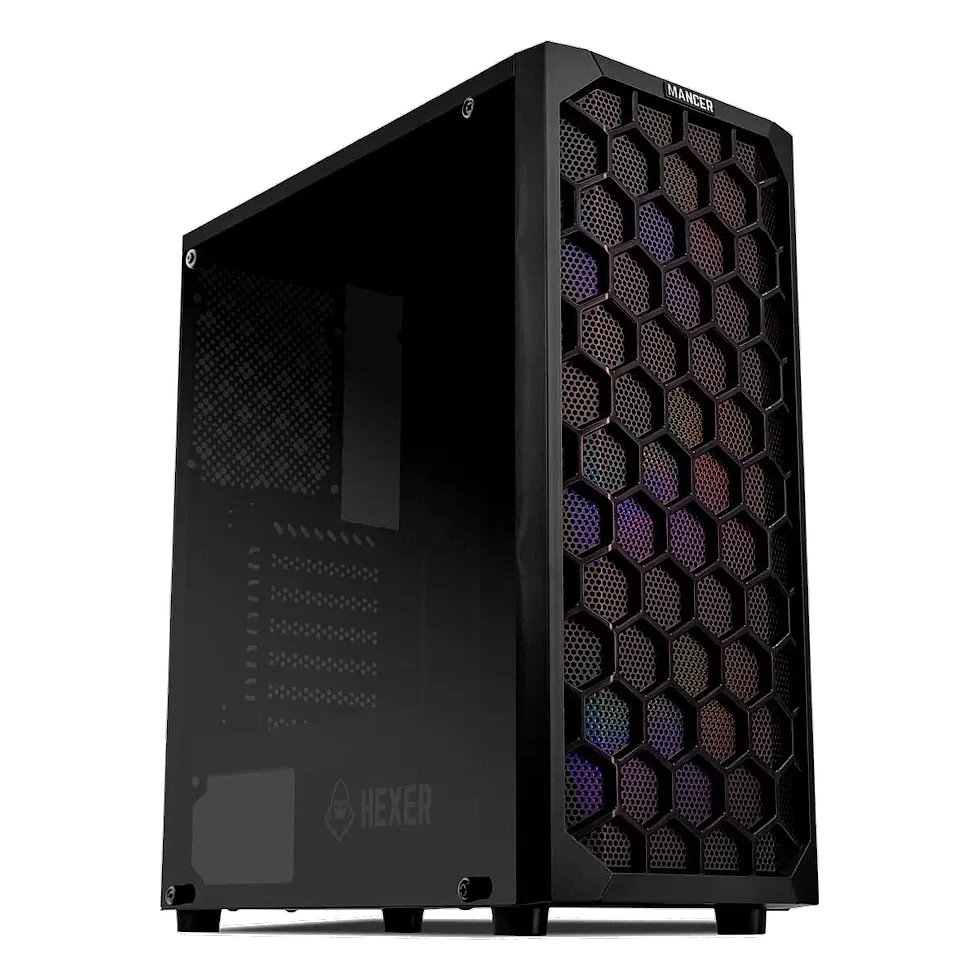 Gabinete Mancer Hexer Rainbow mid tower com frente mesh e ventoinhas ARGB incluídas
