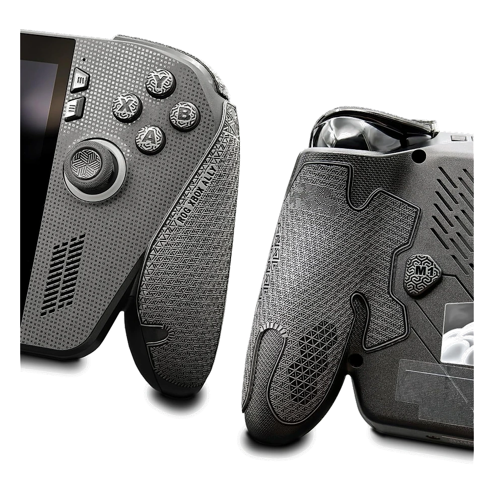 Detalhe da traseira de um console portátil com grip texturizado ao redor dos botões